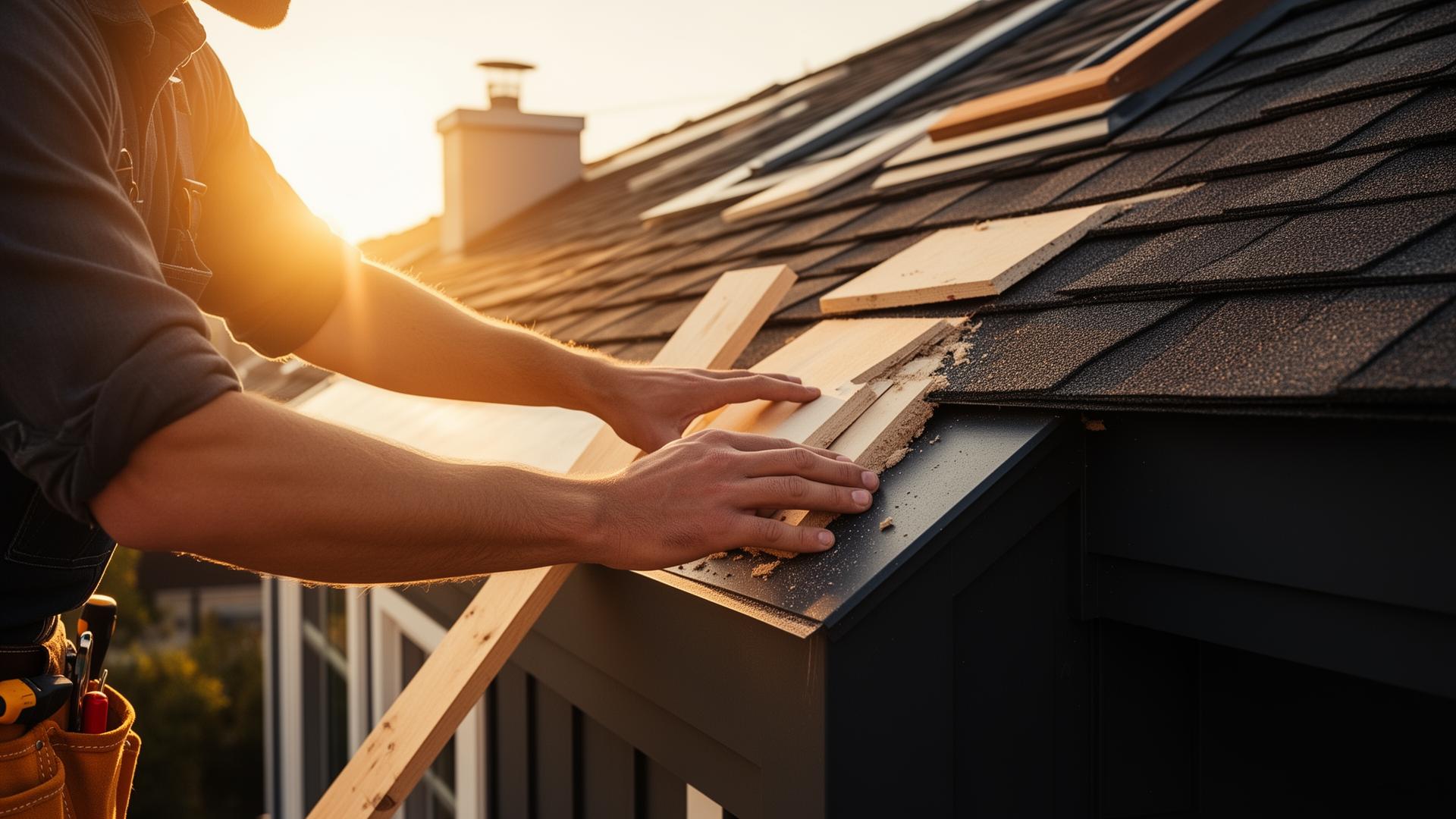 Tradesman working on roofing at sunset